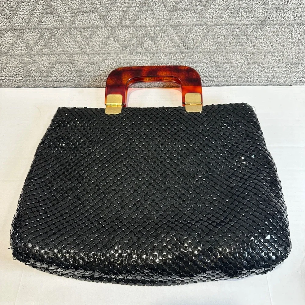 Vintage Black Mesh‎ Evening Bag Tortoise Lucite Handle